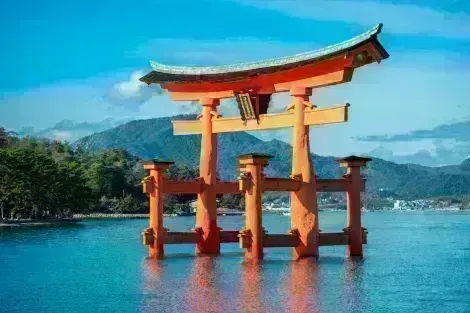 This famous vermilion "torii" gate is located at the entrance to Miyajima Island off the coast of Hiroshima